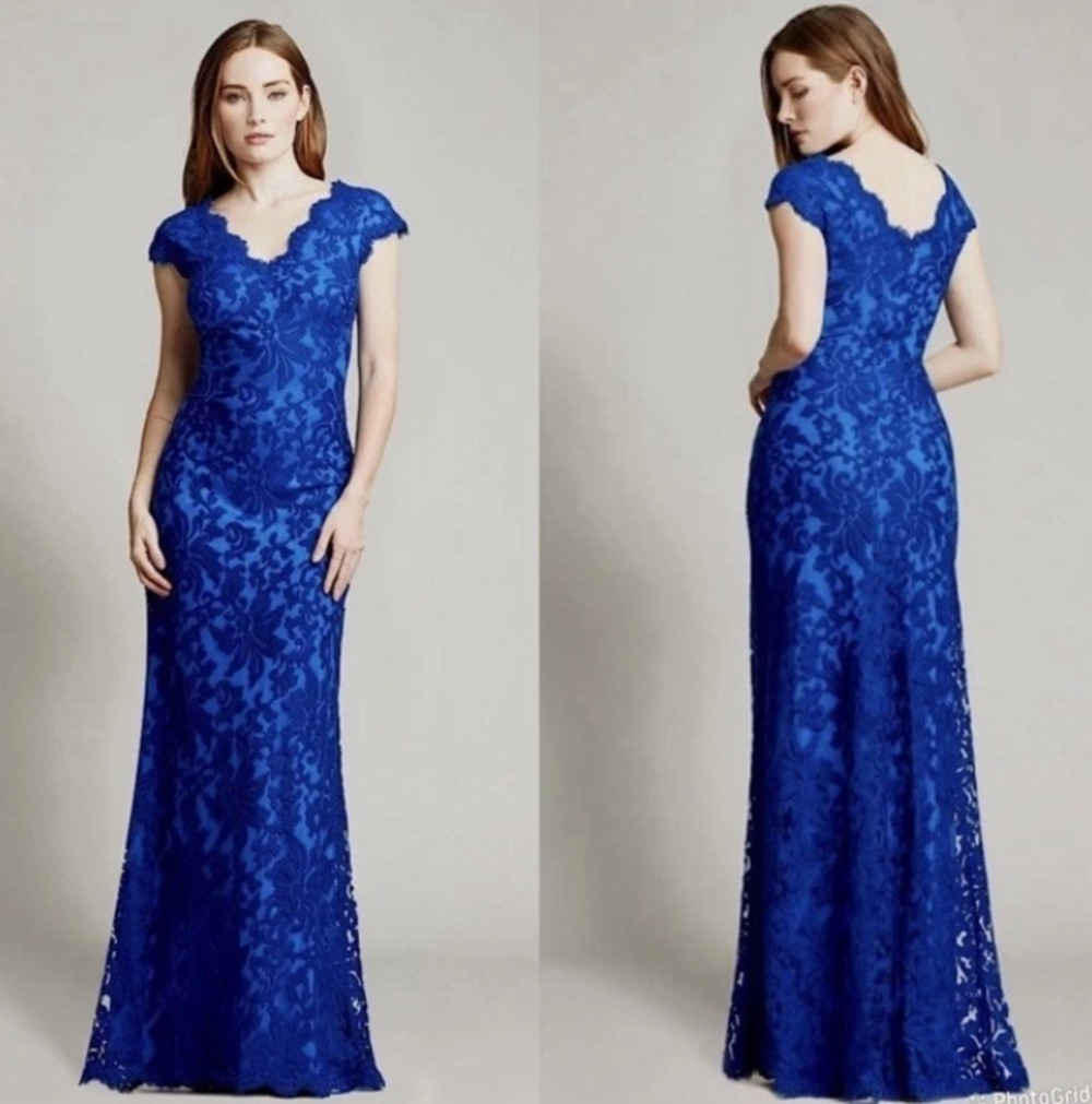 NWT Tadashi Shoji Lace Overlay Embroidered Gown Marina Blue Sz 16 Formal Wedding